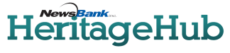 HeritageHub by NewsBank black, blue, and teal text logo