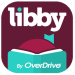Libby by OverDrive logo with maroon background, white text, and a teal book cover and bookmark