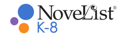 Novelist K-8 black and blue text with blue, purple, and orange dots logo