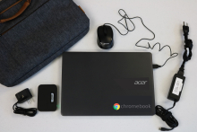 Chromebook with power cable, mouse, wi-fi hotspot and carrying bag. 