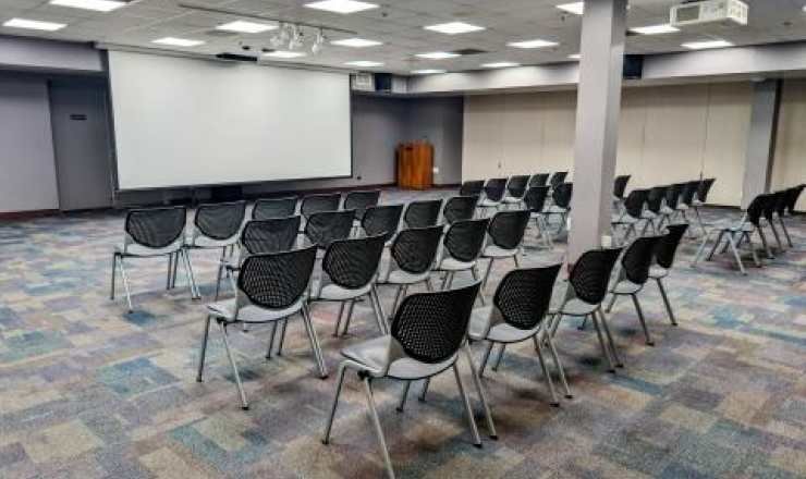 Meeting Room B - Set up auditorium Style with large screen lowered and podium